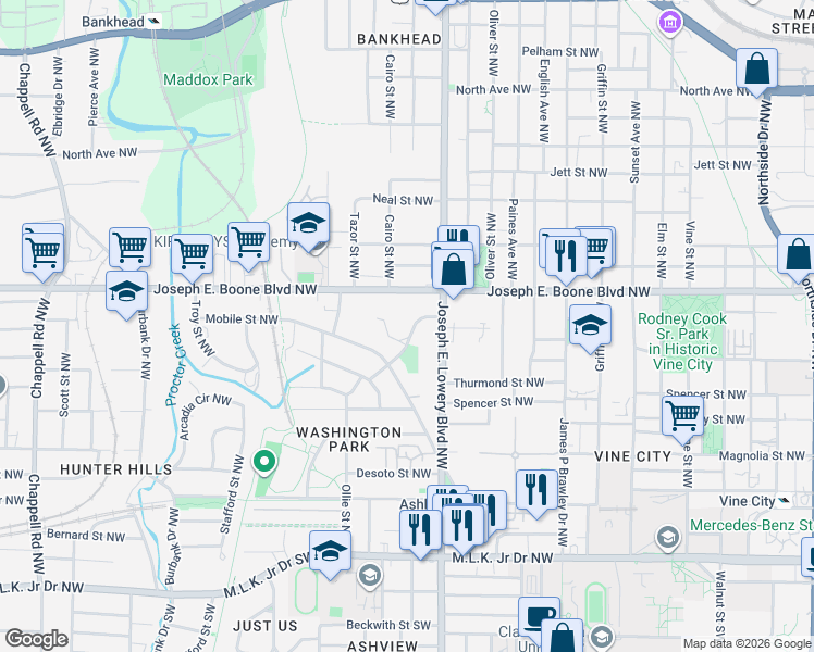 map of restaurants, bars, coffee shops, grocery stores, and more near 968 Ashby Circle Northwest in Atlanta