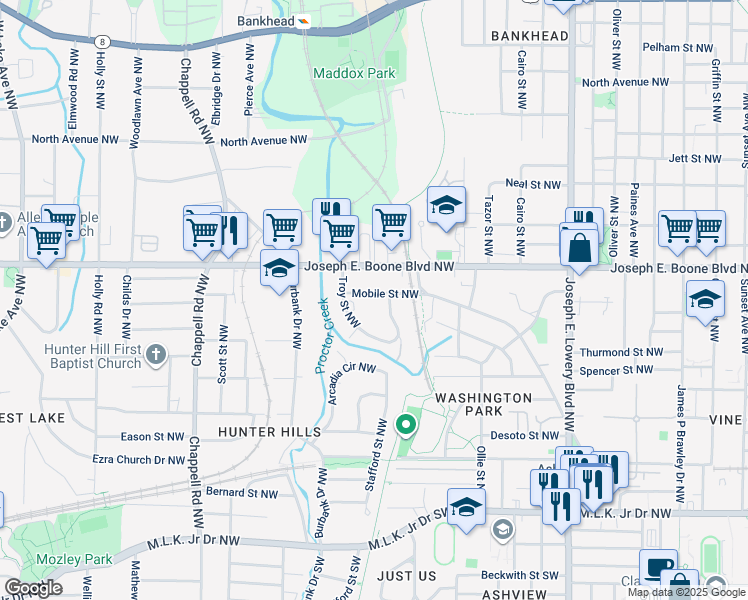 map of restaurants, bars, coffee shops, grocery stores, and more near 241 Troy Street Northwest in Atlanta