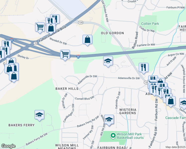 map of restaurants, bars, coffee shops, grocery stores, and more near 3920 Adamsville Drive Southwest in Atlanta