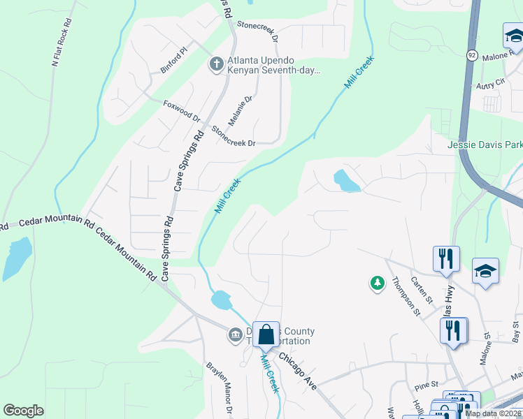map of restaurants, bars, coffee shops, grocery stores, and more near 7109 Skippingstone Way in Douglasville
