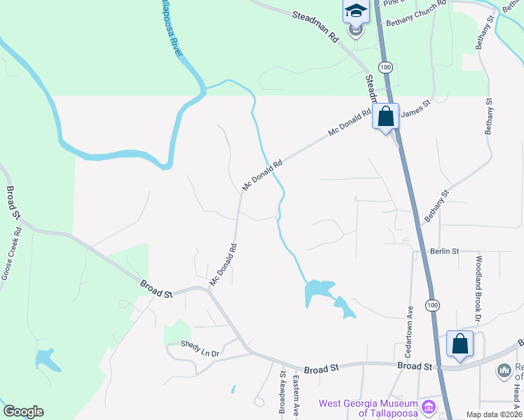 map of restaurants, bars, coffee shops, grocery stores, and more near 50 Woodstream Drive in Tallapoosa