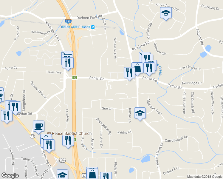 map of restaurants, bars, coffee shops, grocery stores, and more near 4015 Redan Road in Stone Mountain