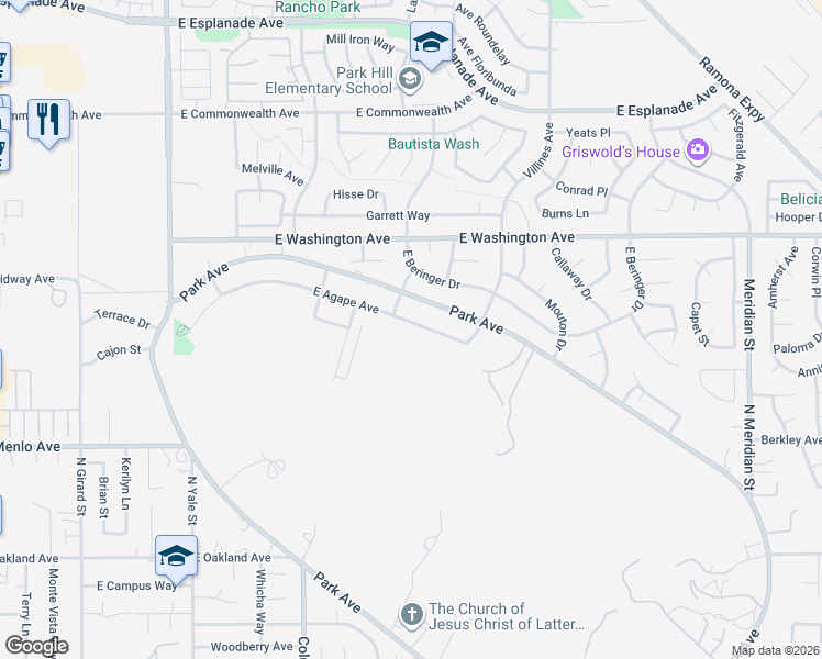 map of restaurants, bars, coffee shops, grocery stores, and more near 1268 East Agape Avenue in San Jacinto