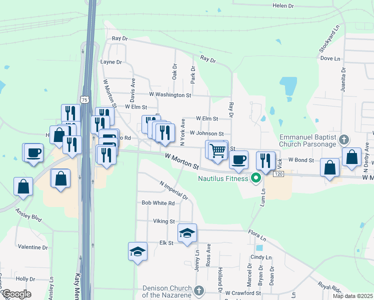 map of restaurants, bars, coffee shops, grocery stores, and more near 2620 West Walker Street in Denison