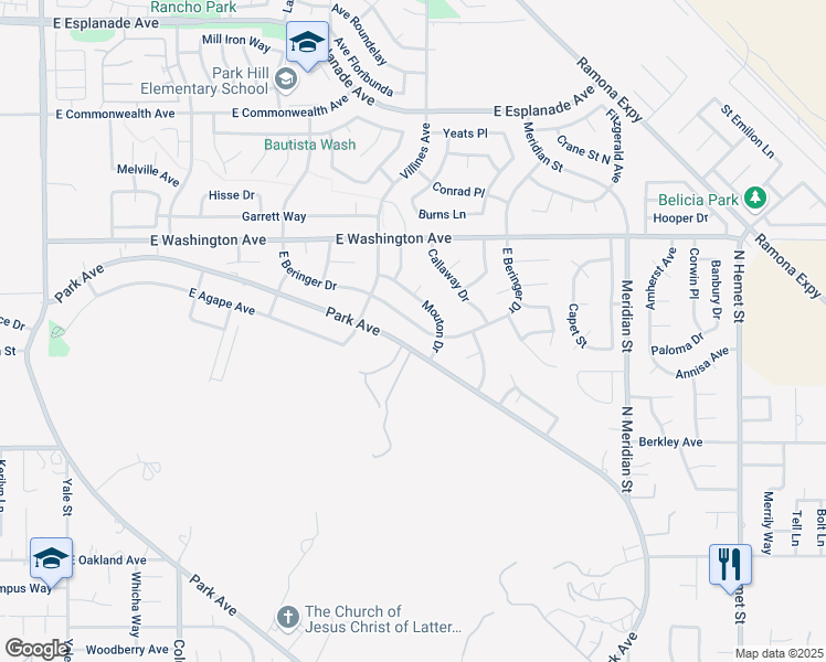 map of restaurants, bars, coffee shops, grocery stores, and more near 1472 East Beringer Drive in San Jacinto