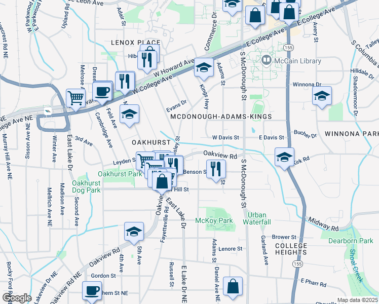map of restaurants, bars, coffee shops, grocery stores, and more near 735 Oakview Road in Decatur