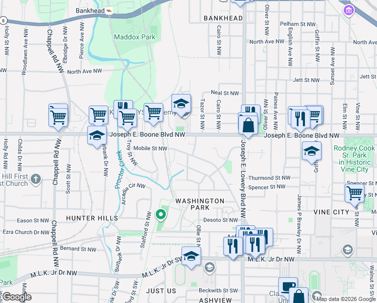 map of restaurants, bars, coffee shops, grocery stores, and more near 1070 Mayson Turner Road Northwest in Atlanta
