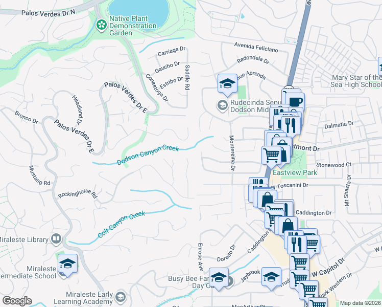 map of restaurants, bars, coffee shops, grocery stores, and more near 18 Saddle Road in Rancho Palos Verdes