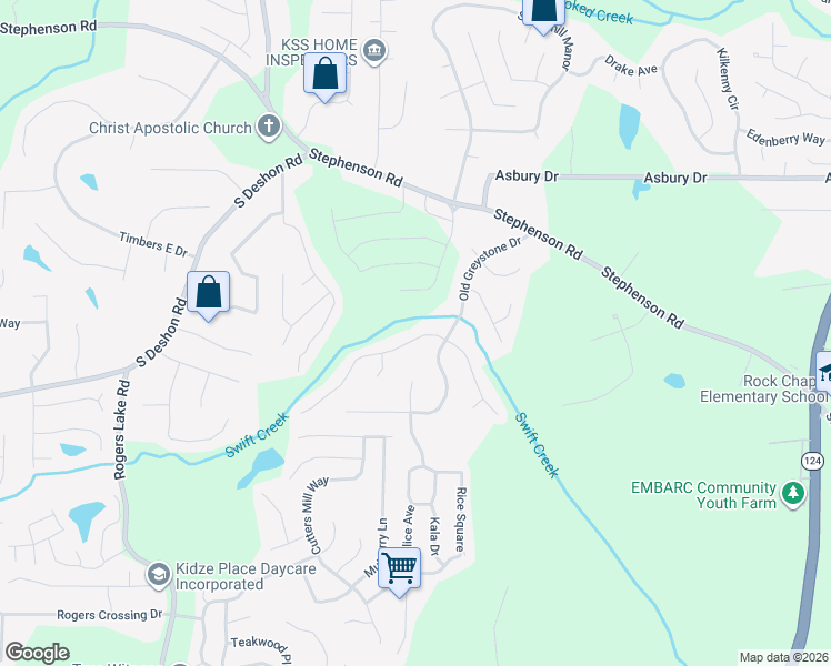 map of restaurants, bars, coffee shops, grocery stores, and more near 1040 Palmer Road in Lithonia