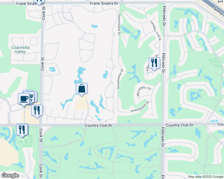map of restaurants, bars, coffee shops, grocery stores, and more near 197 Desert Falls Drive East in Palm Desert