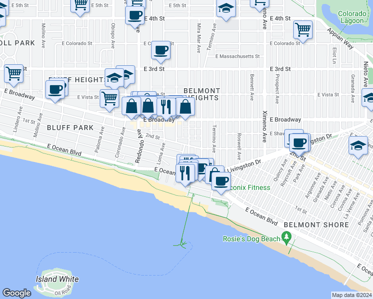 map of restaurants, bars, coffee shops, grocery stores, and more near 125 Grand Avenue in Long Beach