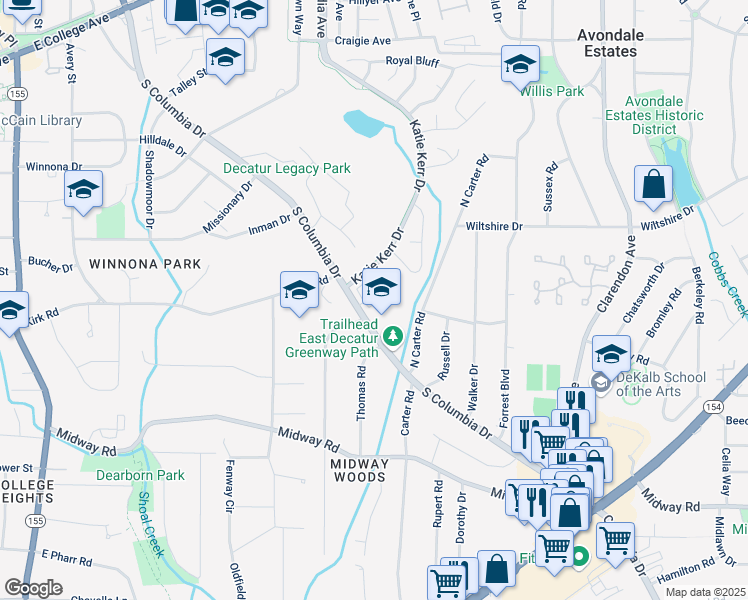 map of restaurants, bars, coffee shops, grocery stores, and more near 522 Hargrove Lane in Decatur