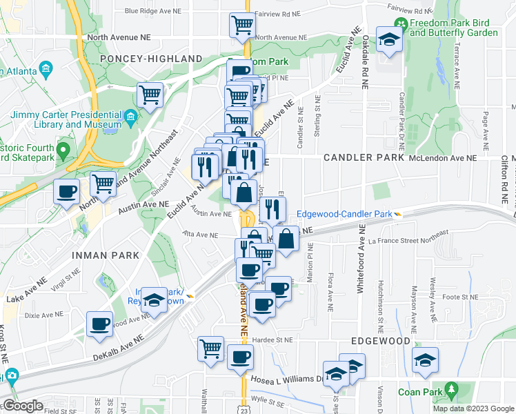 map of restaurants, bars, coffee shops, grocery stores, and more near 292 Josephine Street Northeast in Atlanta