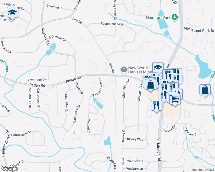 map of restaurants, bars, coffee shops, grocery stores, and more near 4506 To Lani Trail in Stone Mountain