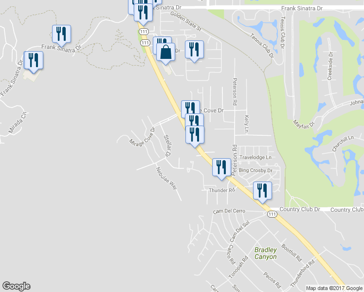 map of restaurants, bars, coffee shops, grocery stores, and more near 69800 Stellar Drive in Rancho Mirage
