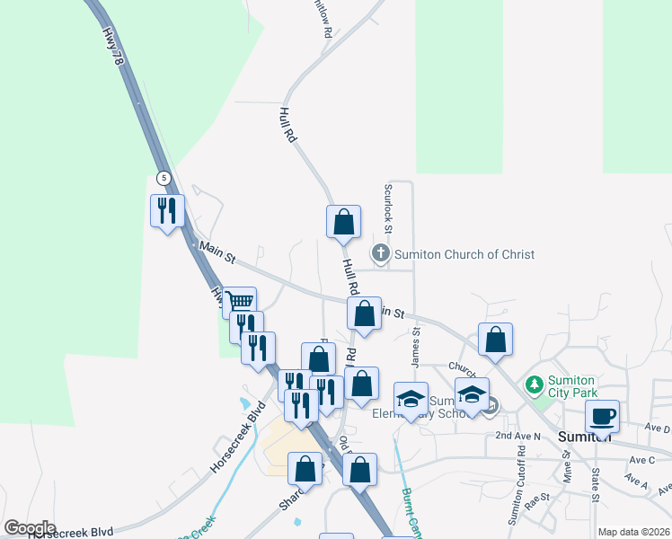 map of restaurants, bars, coffee shops, grocery stores, and more near 1288 Hull Road in Sumiton