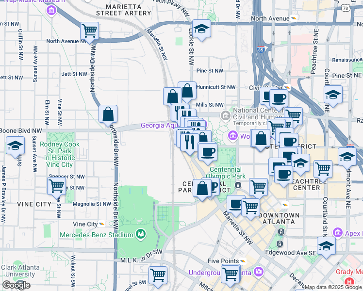 map of restaurants, bars, coffee shops, grocery stores, and more near 342 Marietta Street NorthWest in Atlanta