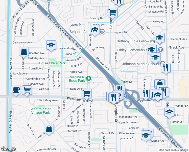 map of restaurants, bars, coffee shops, grocery stores, and more near 5821 Abraham Avenue in Westminster