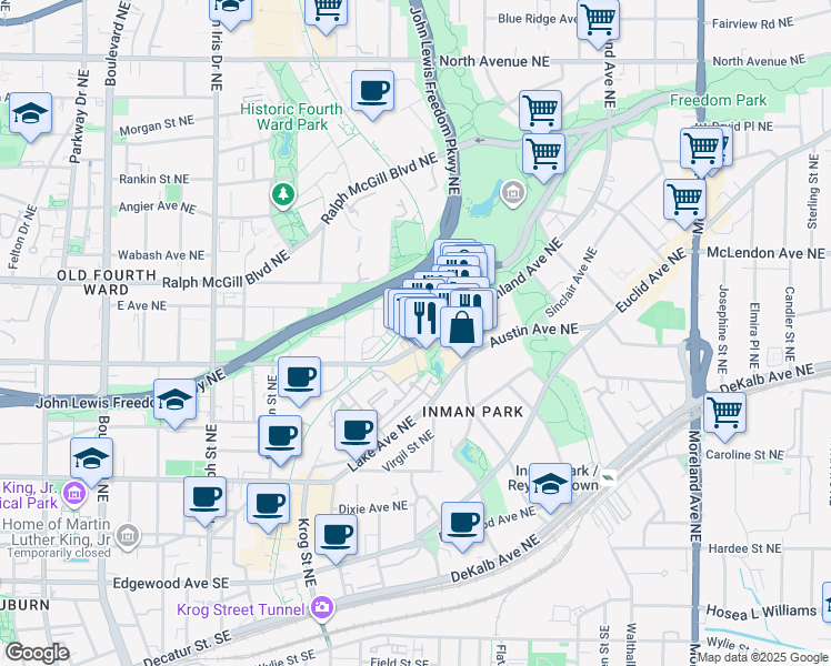 map of restaurants, bars, coffee shops, grocery stores, and more near 245 North Highland Avenue Northeast in Atlanta