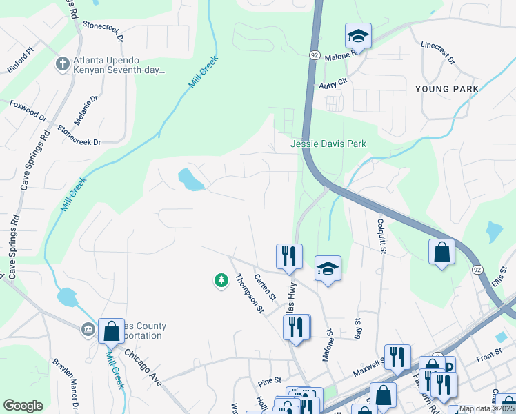 map of restaurants, bars, coffee shops, grocery stores, and more near 7965 Tower Drive in Douglasville