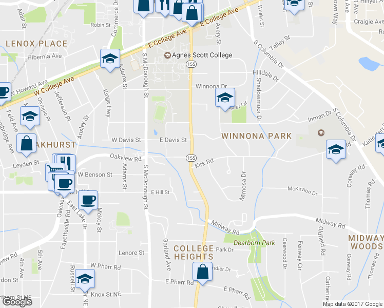 map of restaurants, bars, coffee shops, grocery stores, and more near 540 South Candler Street in Decatur