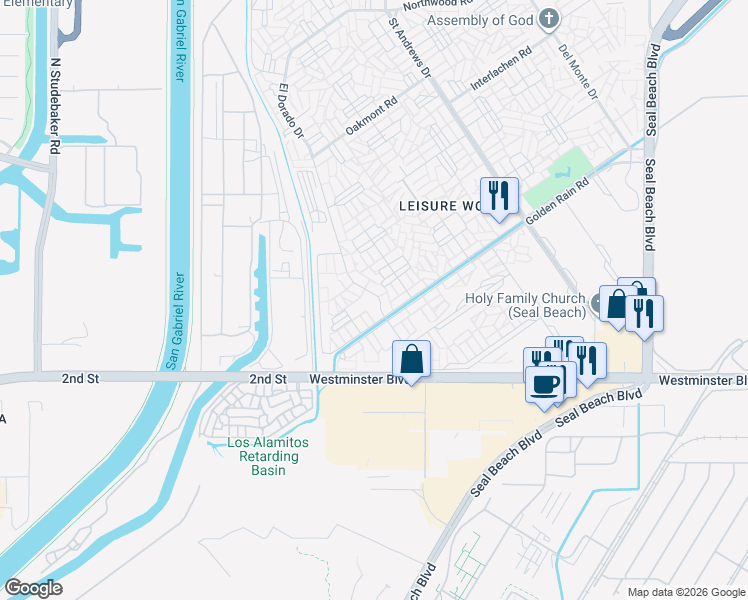 map of restaurants, bars, coffee shops, grocery stores, and more near 13801 El Dorado Drive in Seal Beach
