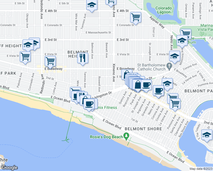 map of restaurants, bars, coffee shops, grocery stores, and more near East 2nd Street & Bennett Avenue in Long Beach