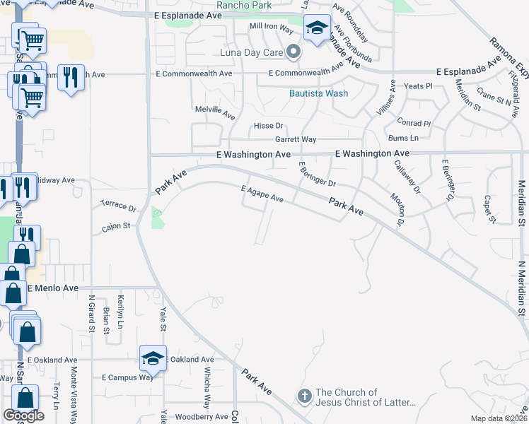 map of restaurants, bars, coffee shops, grocery stores, and more near Menlo Avenue & Harvest Drive in San Jacinto