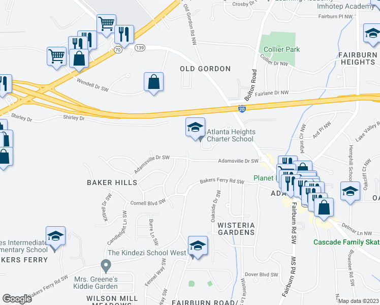 map of restaurants, bars, coffee shops, grocery stores, and more near 302 Woodstock Drive Southwest in Atlanta