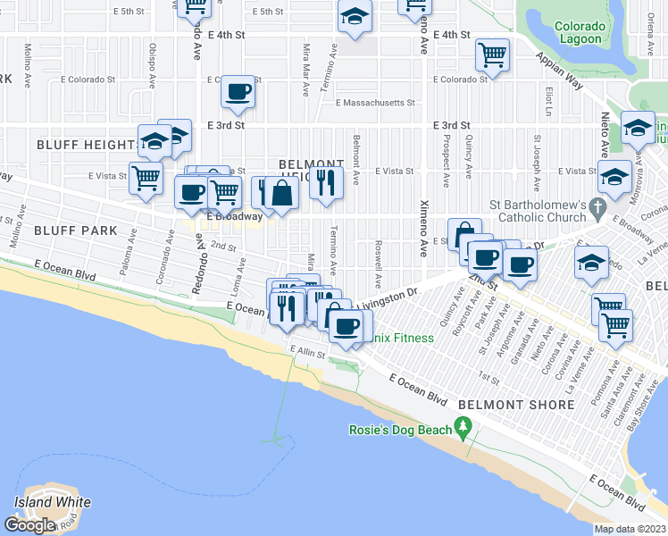 map of restaurants, bars, coffee shops, grocery stores, and more near East 2nd Street & Termino Avenue in Long Beach