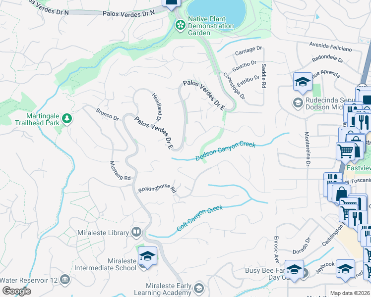 map of restaurants, bars, coffee shops, grocery stores, and more near 2636 Sunnyside Ridge Road in Rancho Palos Verdes