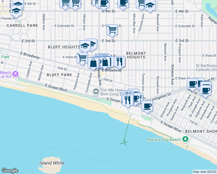 map of restaurants, bars, coffee shops, grocery stores, and more near 3515 East 1st Street in Long Beach