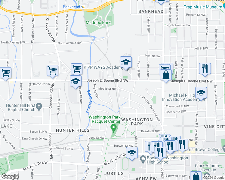 map of restaurants, bars, coffee shops, grocery stores, and more near 1142 Mobile Street Northwest in Atlanta