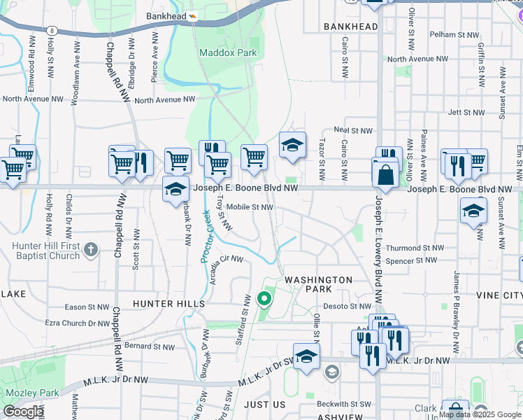 map of restaurants, bars, coffee shops, grocery stores, and more near 1142 Mobile Street Northwest in Atlanta