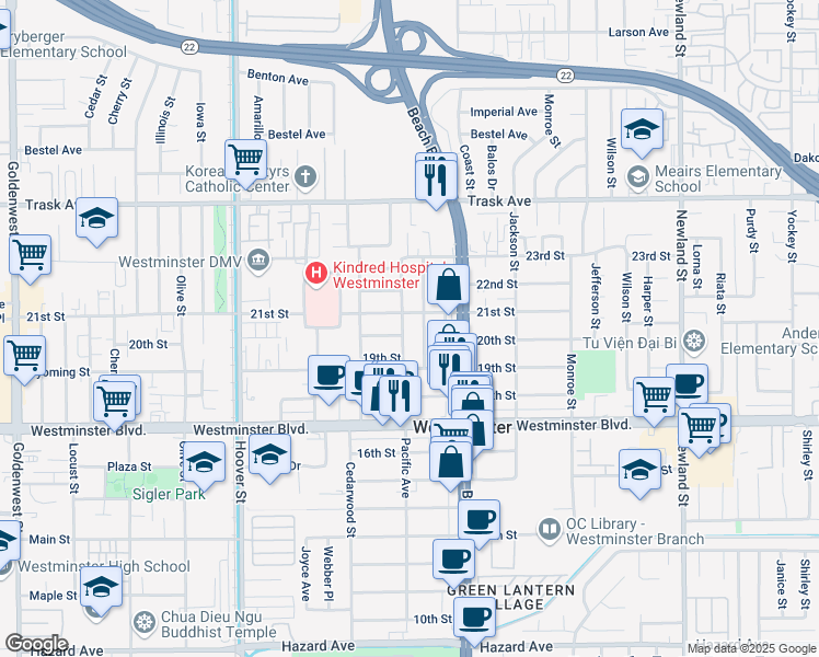 map of restaurants, bars, coffee shops, grocery stores, and more near 13762 Pacific Avenue in Westminster