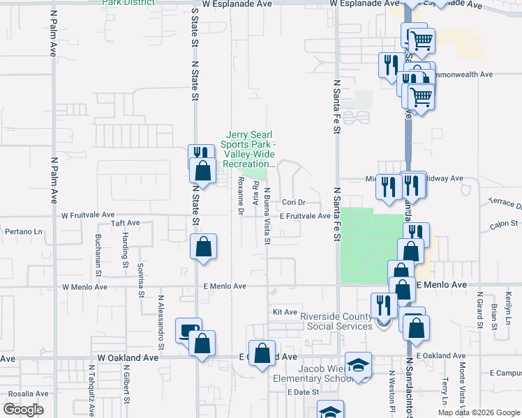 map of restaurants, bars, coffee shops, grocery stores, and more near 913 Aria Road in Hemet
