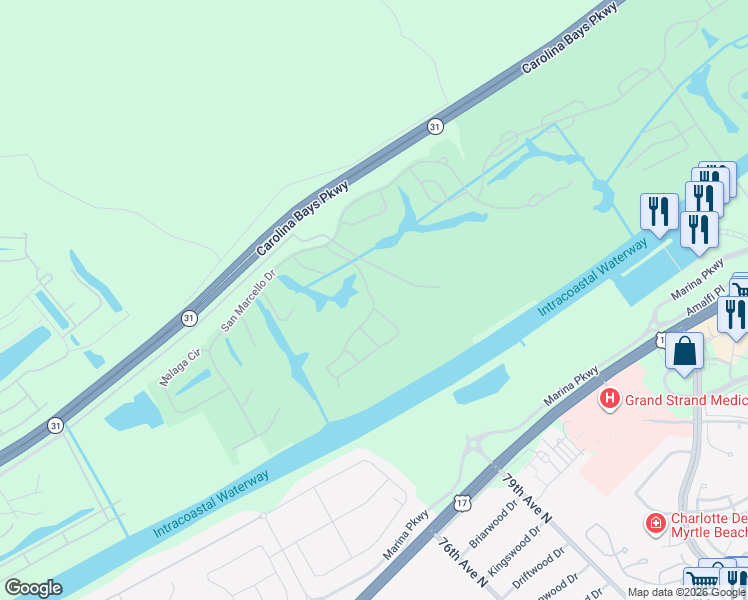 map of restaurants, bars, coffee shops, grocery stores, and more near 9429 Venezia Circle in Myrtle Beach