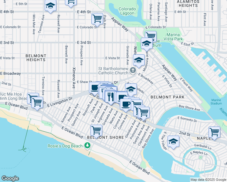 map of restaurants, bars, coffee shops, grocery stores, and more near 225 Argonne Avenue in Long Beach