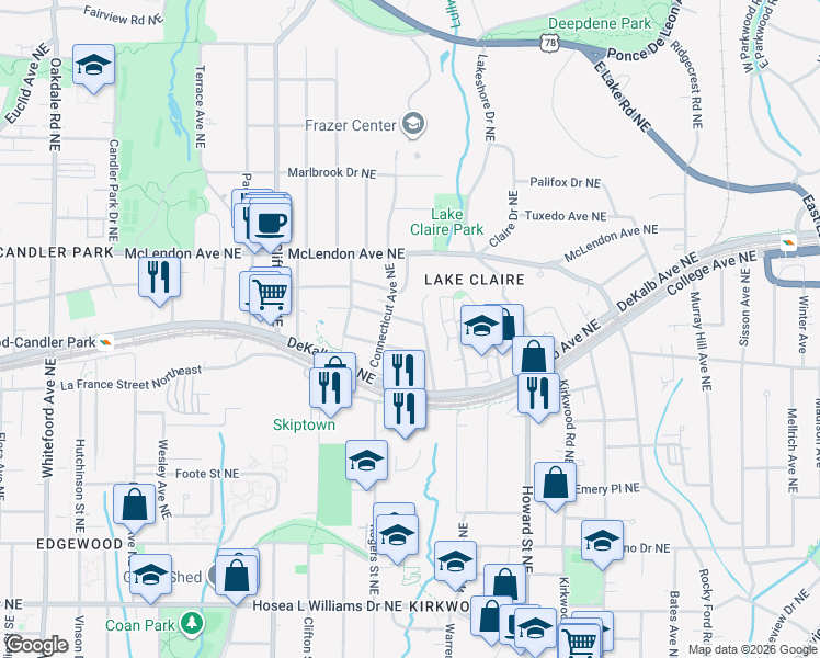 map of restaurants, bars, coffee shops, grocery stores, and more near 1823 Indiana Avenue Northeast in Atlanta