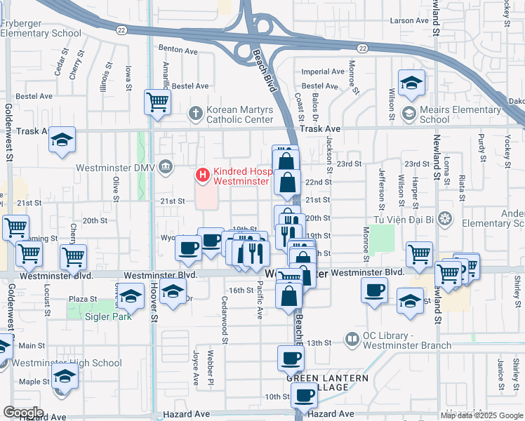 map of restaurants, bars, coffee shops, grocery stores, and more near 13762 Pacific Avenue in Westminster