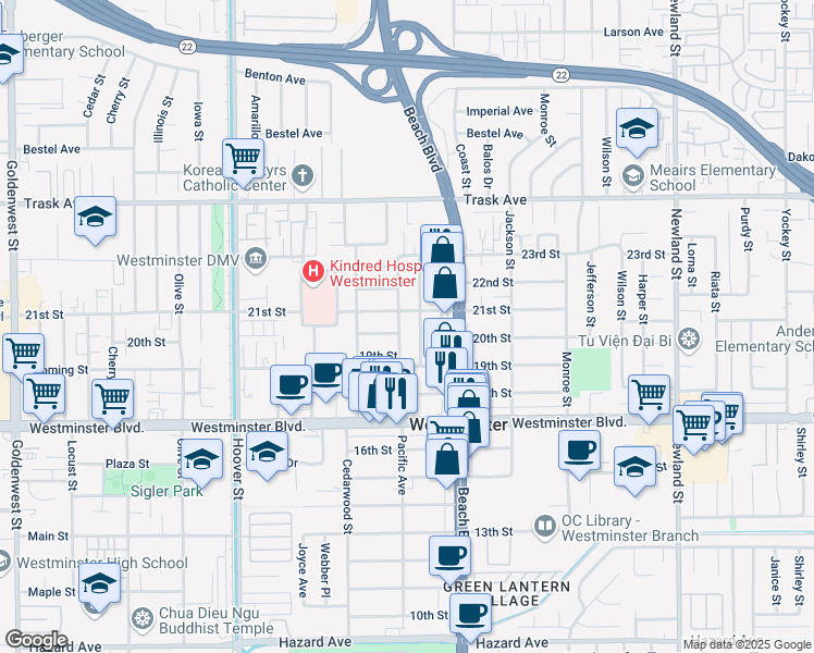 map of restaurants, bars, coffee shops, grocery stores, and more near 13762 Pacific Avenue in Westminster