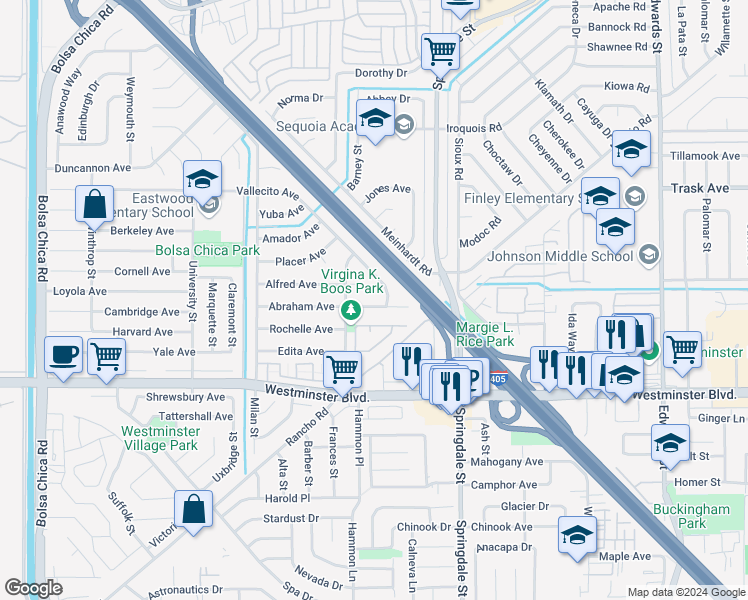 map of restaurants, bars, coffee shops, grocery stores, and more near 5821 Abraham Avenue in Westminster