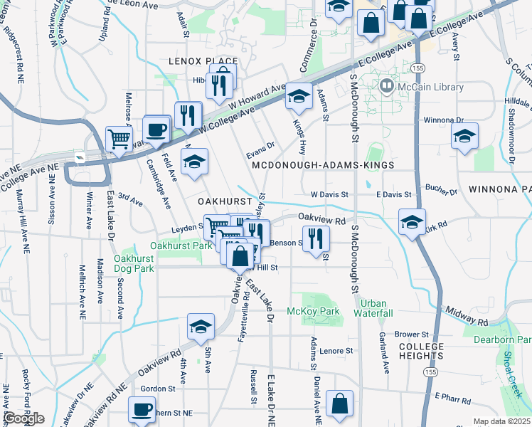 map of restaurants, bars, coffee shops, grocery stores, and more near 735 Oakview Road in Decatur