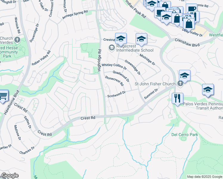 map of restaurants, bars, coffee shops, grocery stores, and more near 20 Seaview Drive South in Rolling Hills Estates