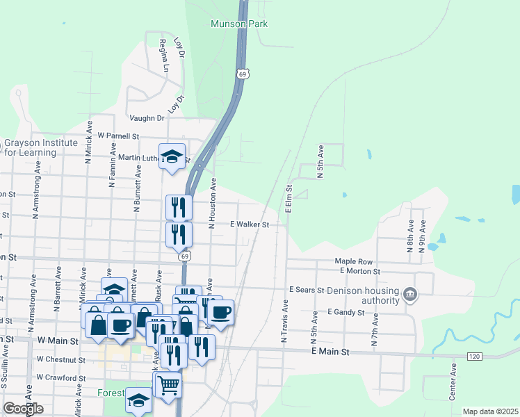 map of restaurants, bars, coffee shops, grocery stores, and more near 217 East Walker Street in Denison