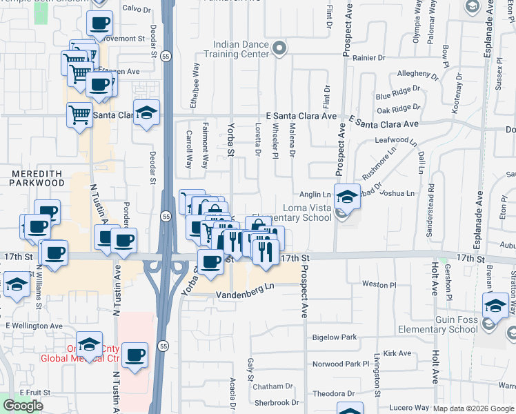 map of restaurants, bars, coffee shops, grocery stores, and more near 17626 Medford Avenue in Tustin
