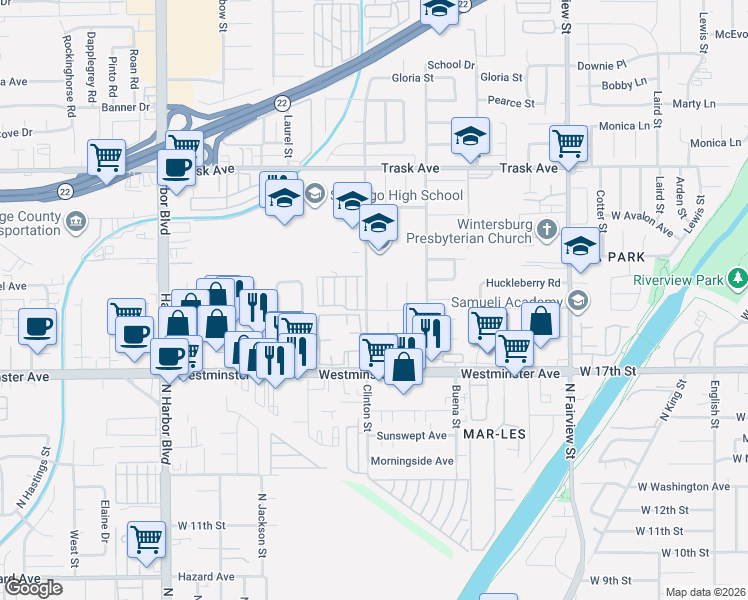 map of restaurants, bars, coffee shops, grocery stores, and more near 12453 Bay Hill Court in Garden Grove