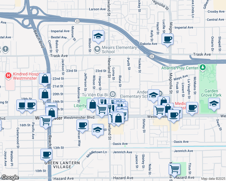 map of restaurants, bars, coffee shops, grocery stores, and more near 13812 Newland Street in Garden Grove