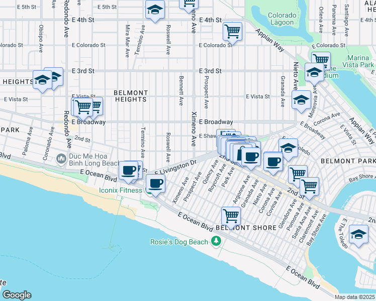 map of restaurants, bars, coffee shops, grocery stores, and more near 196 Ximeno Avenue in Long Beach
