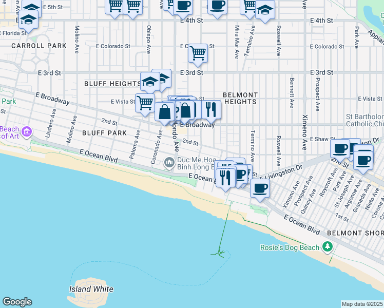 map of restaurants, bars, coffee shops, grocery stores, and more near 3535 East 1st Street in Long Beach